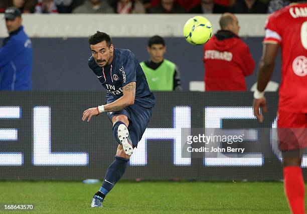 Ezqequiel Lavezzi of PSG in action during the Ligue 1 match between Paris Saint-Germain FC and Valenciennes FC at the Parc des Princes stadium on May...