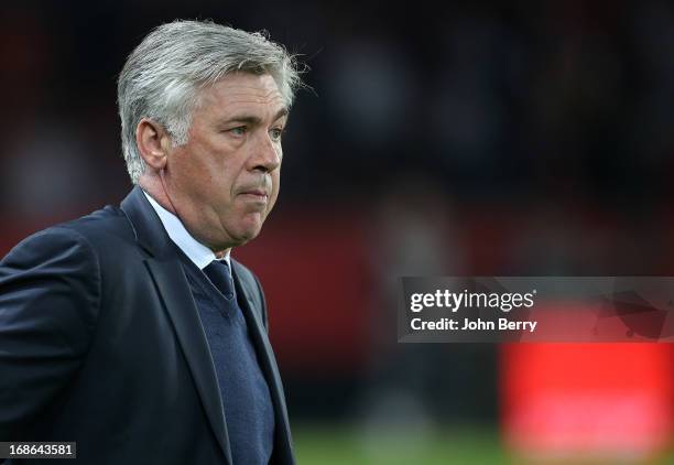 Carlo Ancelotti, coach of PSG looks on during the Ligue 1 match between Paris Saint-Germain FC and Valenciennes FC at the Parc des Princes stadium on...