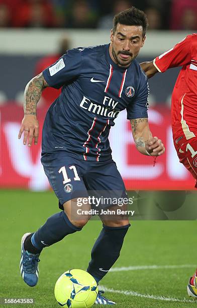 Ezqequiel Lavezzi of PSG in action during the Ligue 1 match between Paris Saint-Germain FC and Valenciennes FC at the Parc des Princes stadium on May...