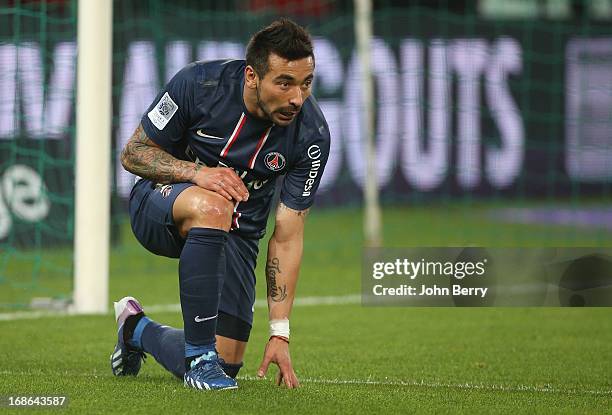 Ezqequiel Lavezzi of PSG in action during the Ligue 1 match between Paris Saint-Germain FC and Valenciennes FC at the Parc des Princes stadium on May...