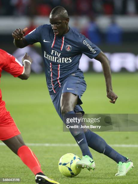 Mamadou Sakho of PSG in action during the Ligue 1 match between Paris Saint-Germain FC and Valenciennes FC at the Parc des Princes stadium on May 5,...