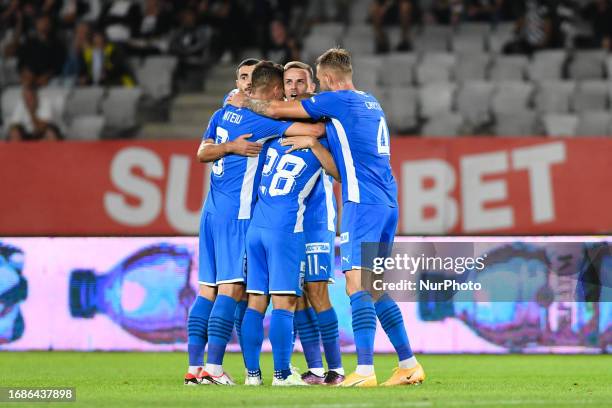 Players of Universitatea Craiova celebrating during Romania SuperLiga stage 10: FC Universitatea U Cluj vs Universitatea Craiova, disputed on Cluj...