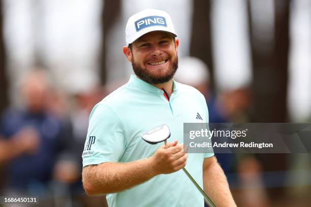 Tyrrell Hatton of England smiles on the 10th green during Day Four of the BMW PGA Championship at Wentworth Golf Club on September 17, 2023 in...