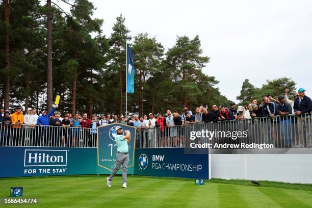 Tyrrell Hatton of England tees off on the 11th hole during Day Four of the BMW PGA Championship at Wentworth Golf Club on September 17, 2023 in...