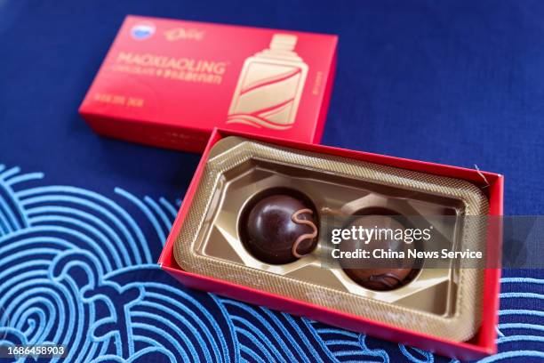 Baijiu-infused chocolate called Maoxiaoling chocolate is on display on September 16, 2023 in Qianxinan Buyei and Miao Autonomous Prefecture, Guizhou...