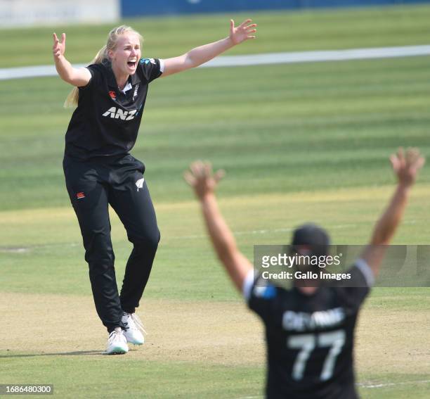 Hannah Rowe of NZ celebrates the wicket of Sune Luus of the Proteas during the ICC Women's Championship, 1st ODI match between South Africa and New...