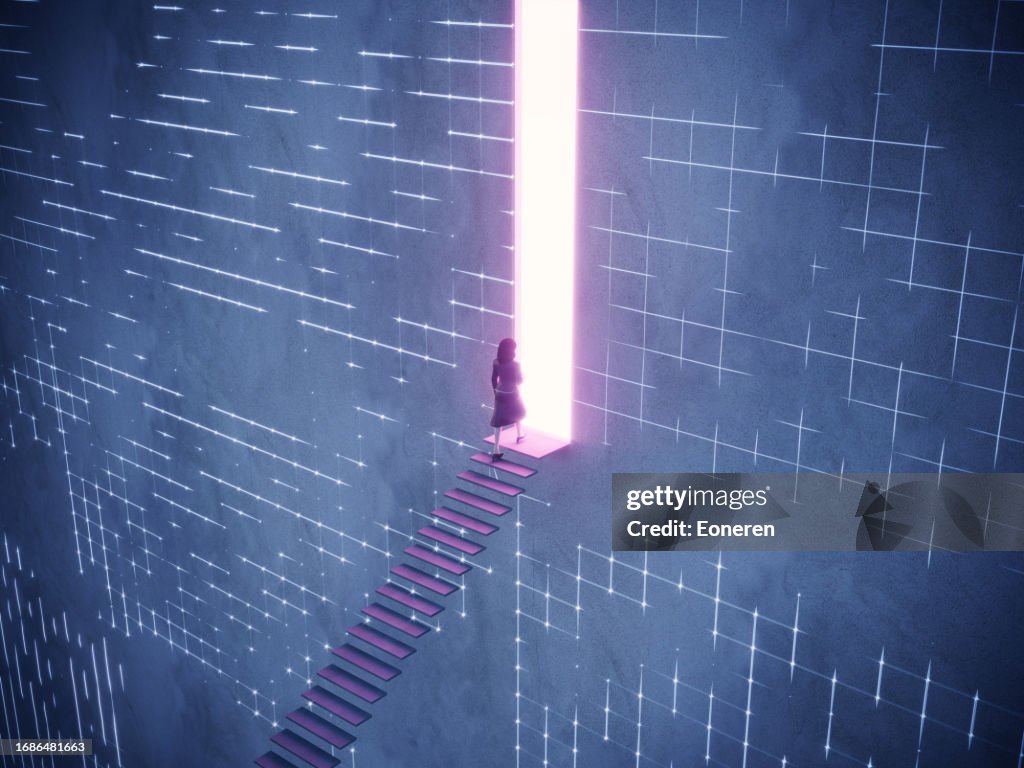 Business woman entering to portal