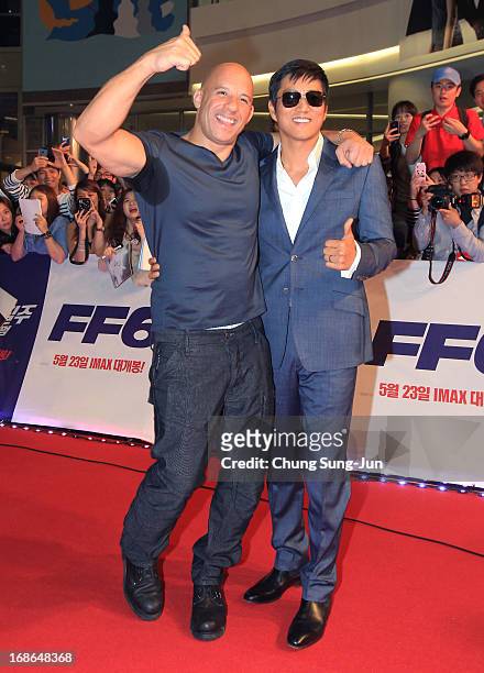 Actor Vin diesel and Sung Kang attend the 'Fast & Furious 6' South Korea Premiere on May 13, 2013 in Seoul, South Korea. Vin diesel and Sung Kang are...