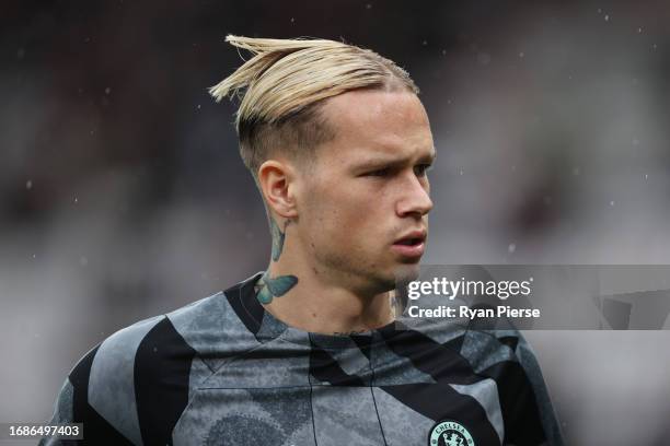 Mykhaylo Mudryk of Chelsea looks on in the warm up prior to the Premier League match between AFC Bournemouth and Chelsea FC at Vitality Stadium on...