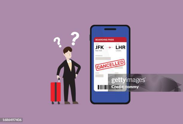 a businessman's fight is cancelled by the airline, traveler frustration and airline troubles - cancellation stock illustrations