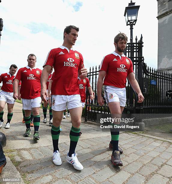 Sam Warburton, the Lions captain and Geoff Parling walk on the way to having the squad photograph during the British and Irish Lions media day at...