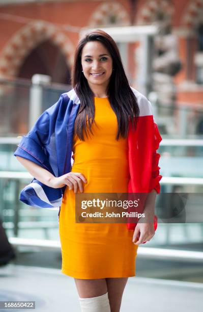 Laura Wright attends a singing flashmob of songs from Les Miserables at St Pancras Station on May 13, 2013 in London, England.