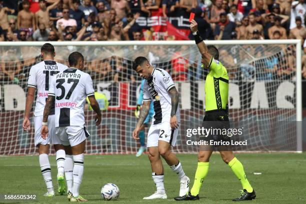 Warning of Mateusz Wieteska of Cagliari during the Serie A TIM match between Cagliari Calcio and Udinese Calcio at Sardegna Arena on September 17,...