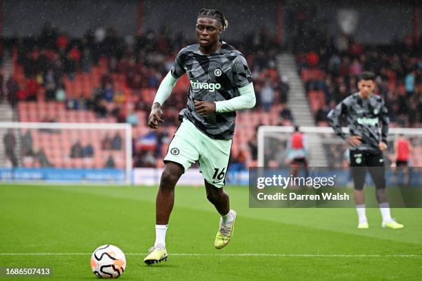 Lesley Ugochukwu of Chelsea warms up prior to the Premier League match between AFC Bournemouth and Chelsea FC at Vitality Stadium on September 17,...