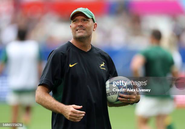 Jacques Nienaber, Head Coach of South Africa, looks on during the warm ups prior to the Rugby World Cup France 2023 match between South Africa and...