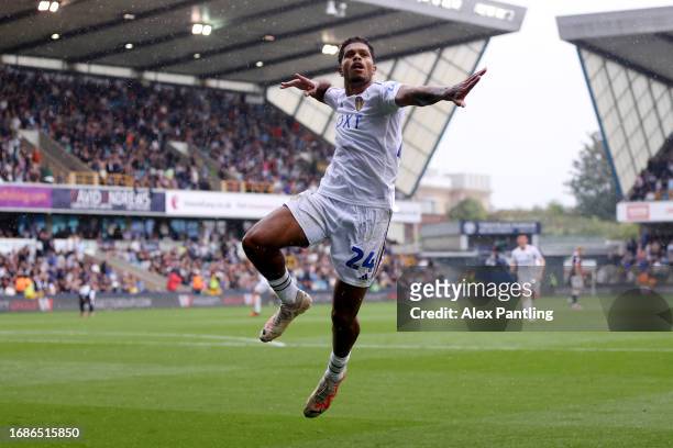Georginio Rutter of Leeds United celebrates after scoring the team's third goal during the Sky Bet Championship match between Millwall and Leeds...