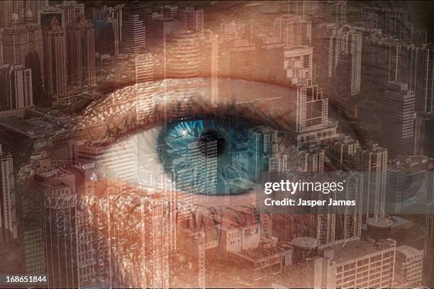 double exposure of mans eye and cityscape - urban sight stock pictures, royalty-free photos & images