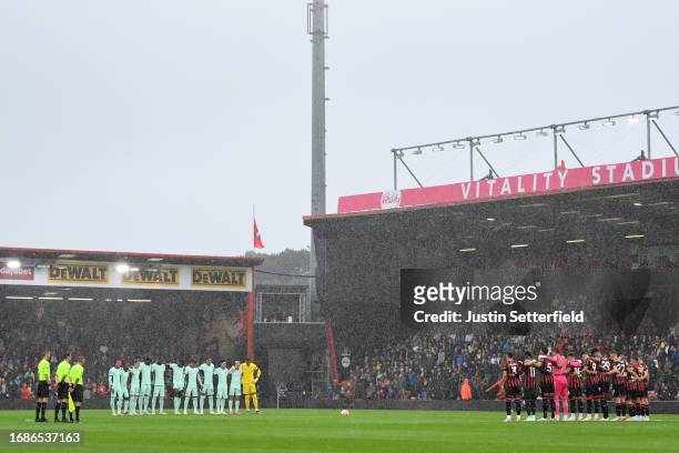 Players, fans and officials hold a minutes silence in memory of the victims of the earthquakes in Morocco and Libya prior to the Premier League match...