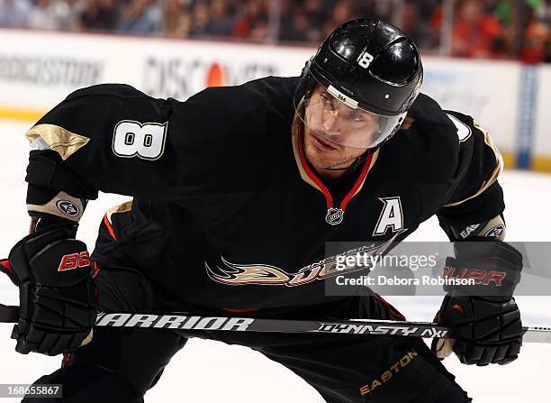 Teemu Selanne of the Anaheim Ducks looks on during the game against the Detroit Red Wings in Game Five of the Western Conference Quarterfinals during...