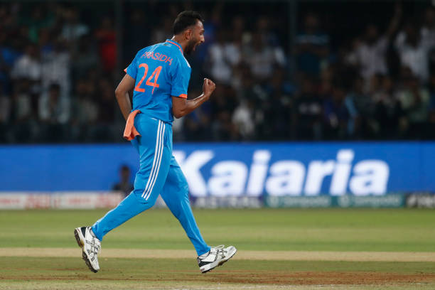 Prasidh Krishna of India celebrates the wicket of Steven Smith of Australia during game two of the One Day International series between India and...