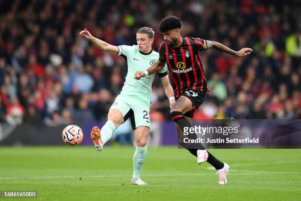 Conor Gallagher of Chelsea and Philip Billing of AFC Bournemouth battle for possession during the Premier League match between AFC Bournemouth and...