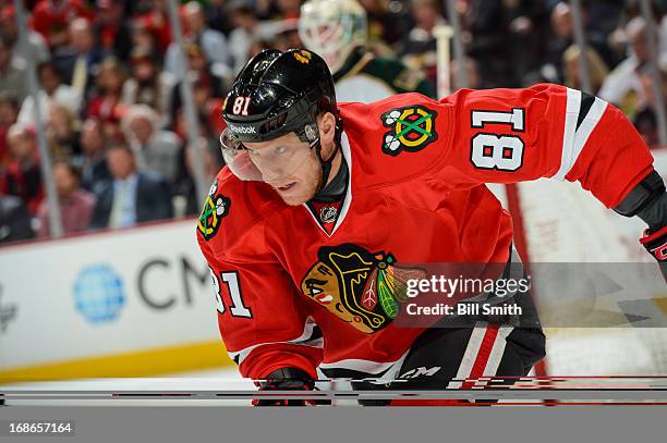 Marian Hossa of the Chicago Blackhawks skates up the ice in Game Five of the Western Conference Quarterfinals against the Minnesota Wild during the...