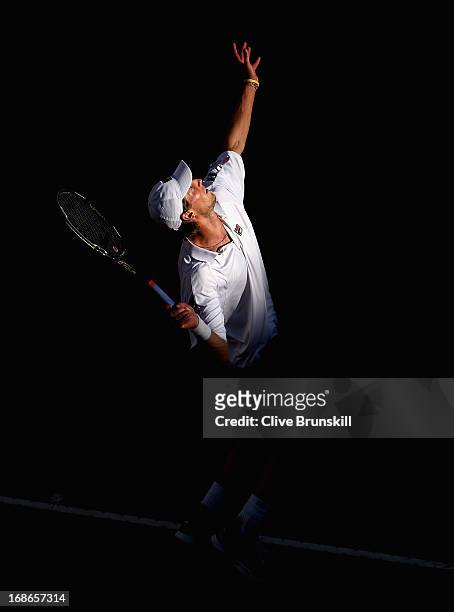 Andreas Seppi of Italy serves against Fabio Fognini of Italy in their first round match during day two of the Internazionali BNL d'Italia 2013 at the...