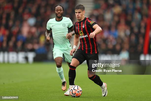 Milos Kerkez of AFC Bournemouth runs with the ball during the Premier League match between AFC Bournemouth and Chelsea FC at Vitality Stadium on...