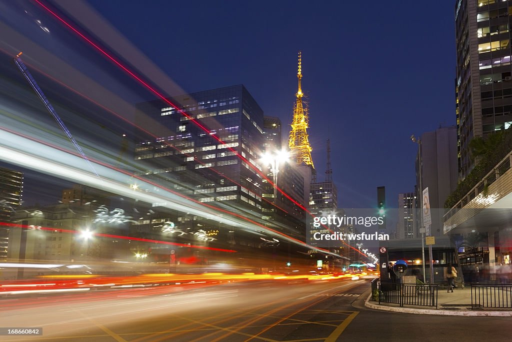 City street showing traffic flow lines with long exposure