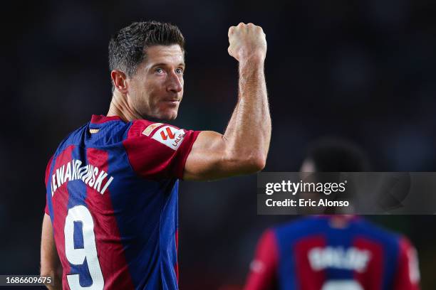 Robert Lewandowski of FC Barcelona celebrates after scoring the team's second goal during the LaLiga EA Sports match between FC Barcelona and Real...