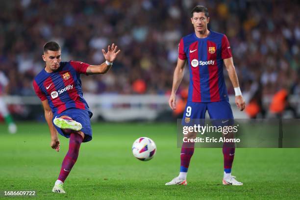 Ferran Torres of FC Barcelona scores the team's third goal during the LaLiga EA Sports match between FC Barcelona and Real Betis at Estadi Olimpic...