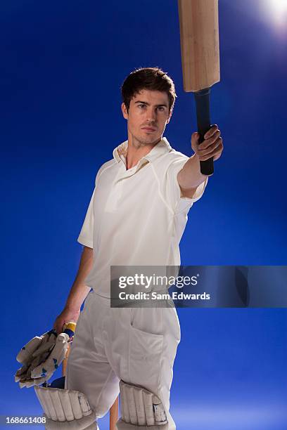 cricket player pointing with bat - cricketbat stockfoto's en -beelden