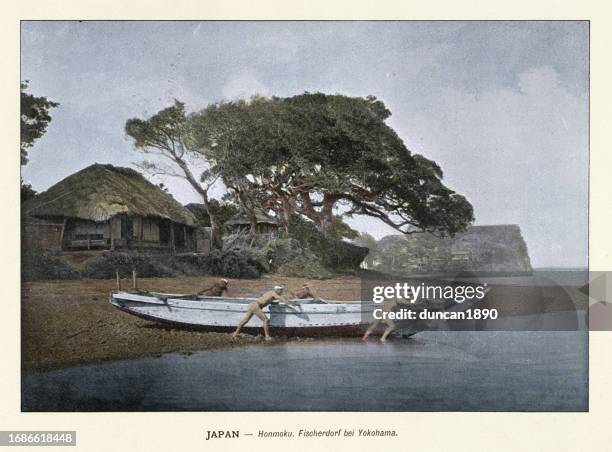 honmoku, fishing village near yokohama, fishermen with traditional boat, history japan 1890s, 19th century, vintage photograph - only japanese stock illustrations