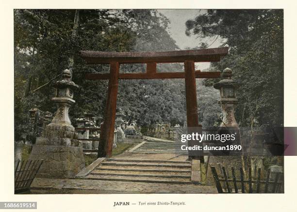 japanisches torii, symbolisches tor zu einem shinto-tempel, geschichte japan 1890er jahre, 19. jahrhundert, vintage-fotografie - torii tor stock-grafiken, -clipart, -cartoons und -symbole
