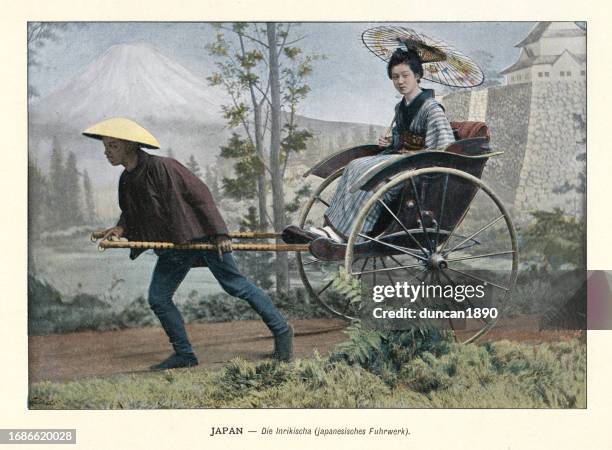 japanese woman travelling using a rickshaw, history japan 1890s, 19th century, vintage photograph - only japanese stock illustrations