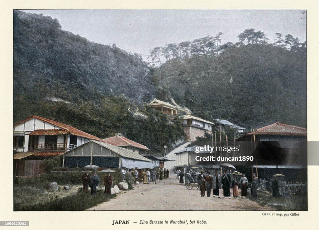Street scene in Nunobiki, near Kobe, History Japan 1890s, 19th Century, Vintage photograph
