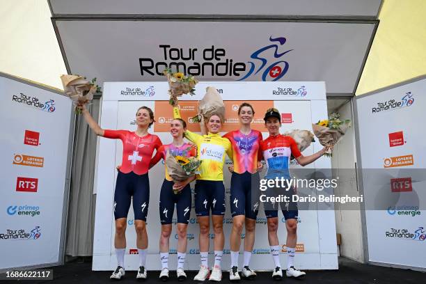 Marlen Reusser of Switzerland, Anna Shackley of The United Kingdom, Demi Vollering of The Netherlands - Yellow Leader Jersey, Mischa Bredewold of The...