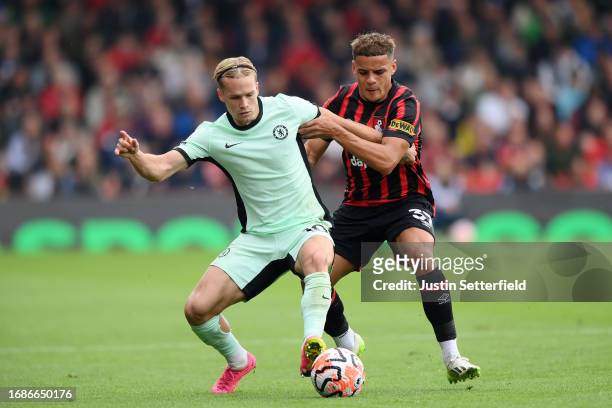 Mykhaylo Mudryk of Chelsea is challenged by Max Aarons of AFC Bournemouth during the Premier League match between AFC Bournemouth and Chelsea FC at...