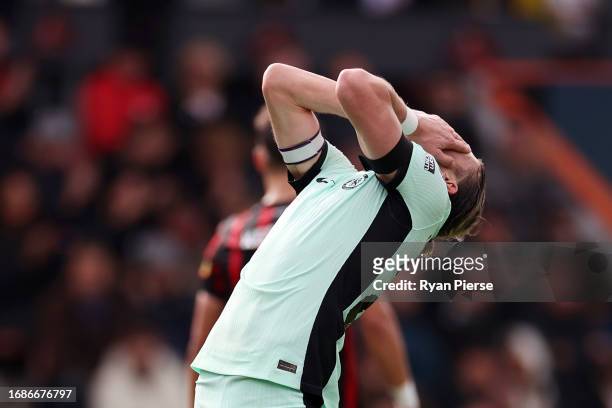 Conor Gallagher of Chelsea reacts after a missed chance during the Premier League match between AFC Bournemouth and Chelsea FC at Vitality Stadium on...