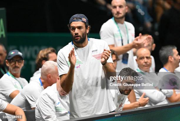 Matteo Berrettini of Italy cheers during match between Matteo Arnaldi of Italy and Leo Borg of Sweden during 2023 Davis Cup Finals Group Stage...