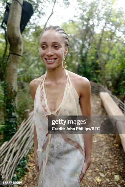 Model Adwoa Aboah backstage ahead of the Holzweiler show during London Fashion Week September 2023 at Camley Street Natural Park on September 17,...