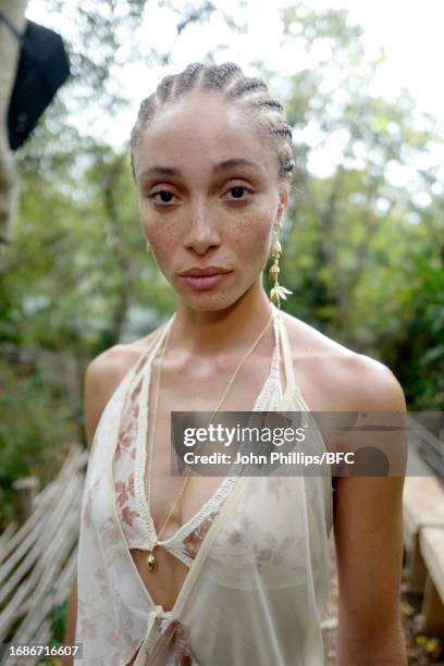 Model Adwoa Aboah backstage ahead of the Holzweiler show during London Fashion Week September 2023 at Camley Street Natural Park on September 17,...