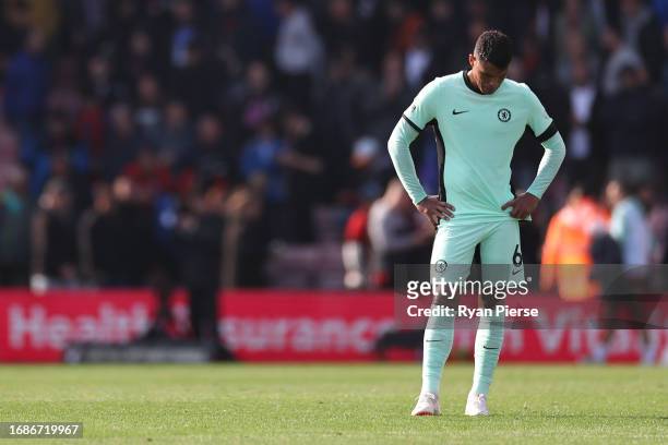 Thiago Silva of Chelsea looks dejected after the draw in the Premier League match between AFC Bournemouth and Chelsea FC at Vitality Stadium on...