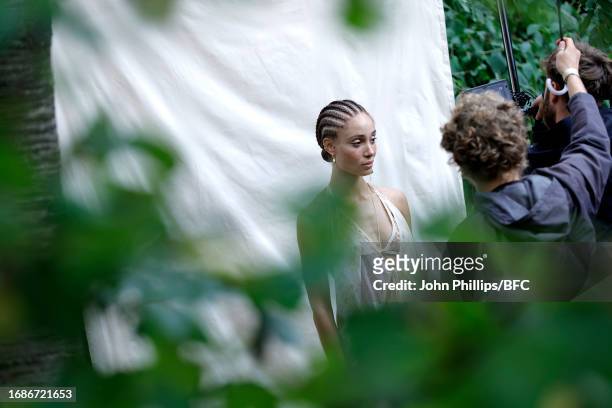 Model Adwoa Aboah backstage ahead of the Holzweiler show during London Fashion Week September 2023 at Camley Street Natural Park on September 17,...