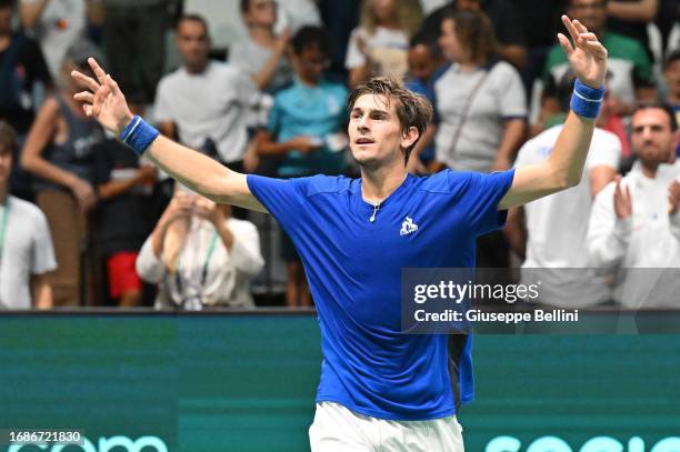 Matteo Arnaldi of Italy celebrates the victory after match between Matteo Arnaldi of Italy and Leo Borg of Sweden during 2023 Davis Cup Finals Group...