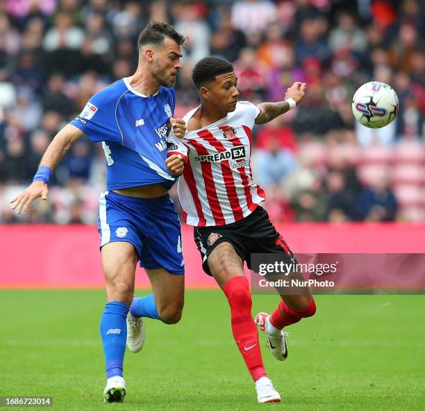 Cardiff City's Dimitris Goutas challenges Sunderland's Mason Burstow during the Sky Bet Championship match between Sunderland and Cardiff City at the...