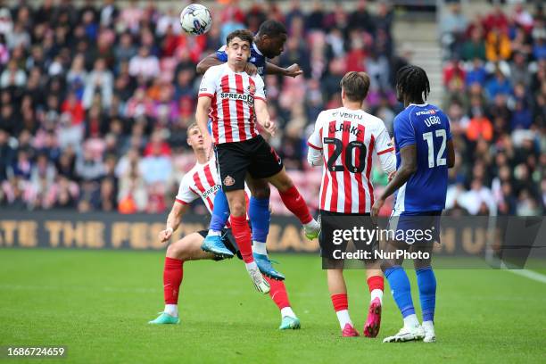 Sunderland's Niall Huggins wins a header during the Sky Bet Championship match between Sunderland and Cardiff City at the Stadium Of Light,...