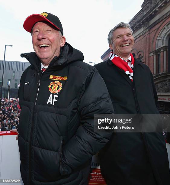 Manager Sir Alex Ferguson and Chief Executive David Gill of Manchester United poses on their Barclays Premier League Trophy Parade through Manchester...