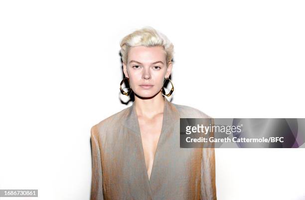 Model Cara Taylor backstage ahead of the Tove show during London Fashion Week September 2023 at The Hayward Gallery on September 17, 2023 in London,...