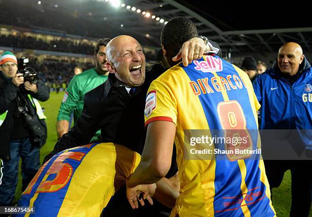 Ian Holloway the Crystal Palace manager celebrates with Kagisho Dikgacoi and Mile Jedinak after winning the npower Championship play off semi final...